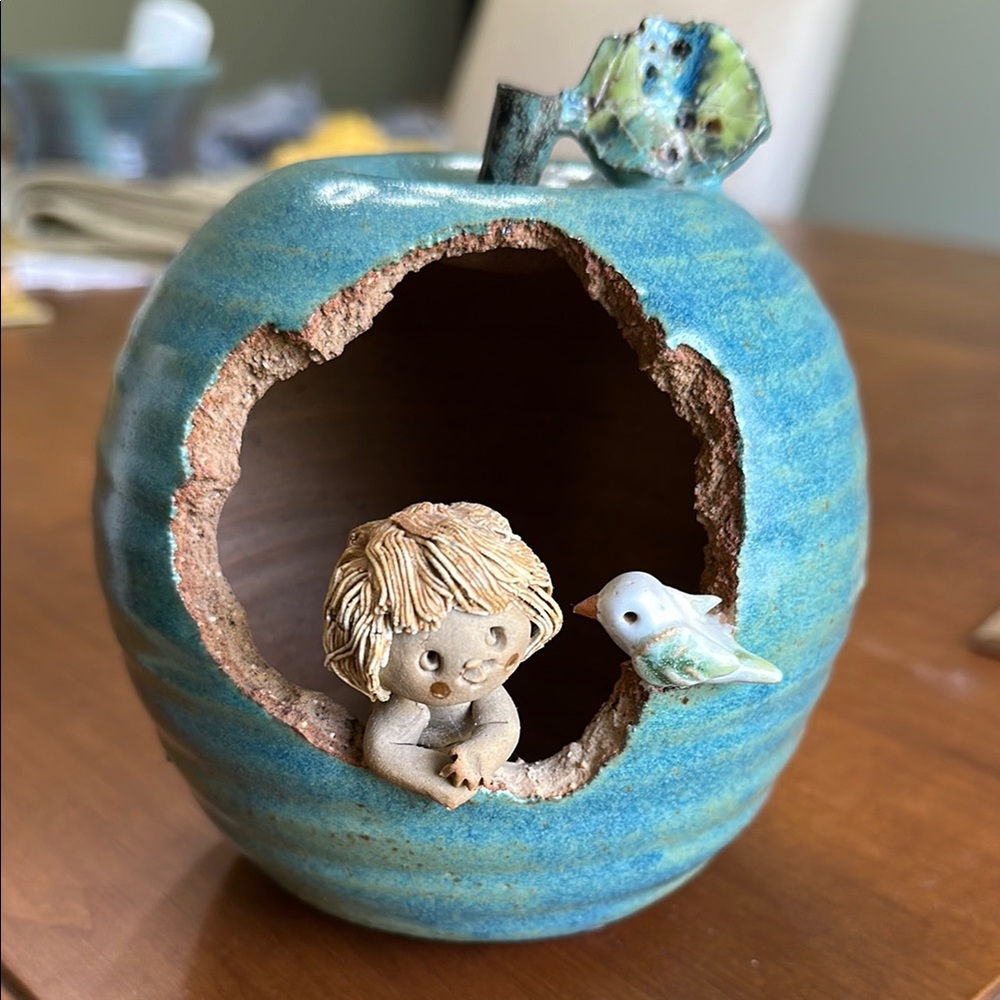 Blue Ceramic Apple with Figurine